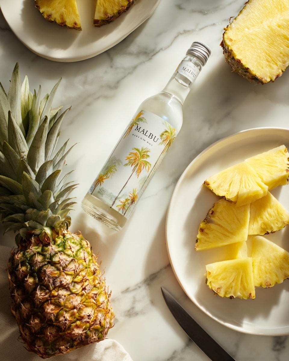 The image shows a white marble surface with a whole pineapple on the left side, next to a white plate on the right side that holds several yellow pineapple slices arranged neatly. A bottle of Malibu coconut-flavored rum with a white label and colorful palm trees is placed in the center between the pineapple and the plate. A knife with a black handle is partly visible on the edge of the white plate, and a woman's hand is holding one pineapple slice on the right edge of the frame. The light is soft, giving a fresh and clean look to the scene. photo taken with an iphone --ar 4:5 --v 7
