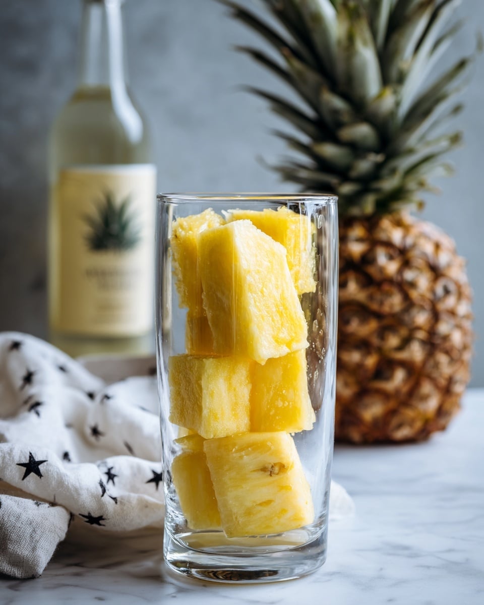 The image shows a tall clear glass filled with large, thick slices of bright yellow pineapple stacked vertically inside. Behind the glass, there is a bottle with a label featuring a palm tree and a white cloth with black stars draped slightly to the left. To the right in the background, a whole pineapple with its rough brown skin and spiky green top is partly visible. All items are placed on a white marbled surface. The glass stands out against the soft, natural colors of the background. photo taken with an iphone --ar 4:5 --v 7
