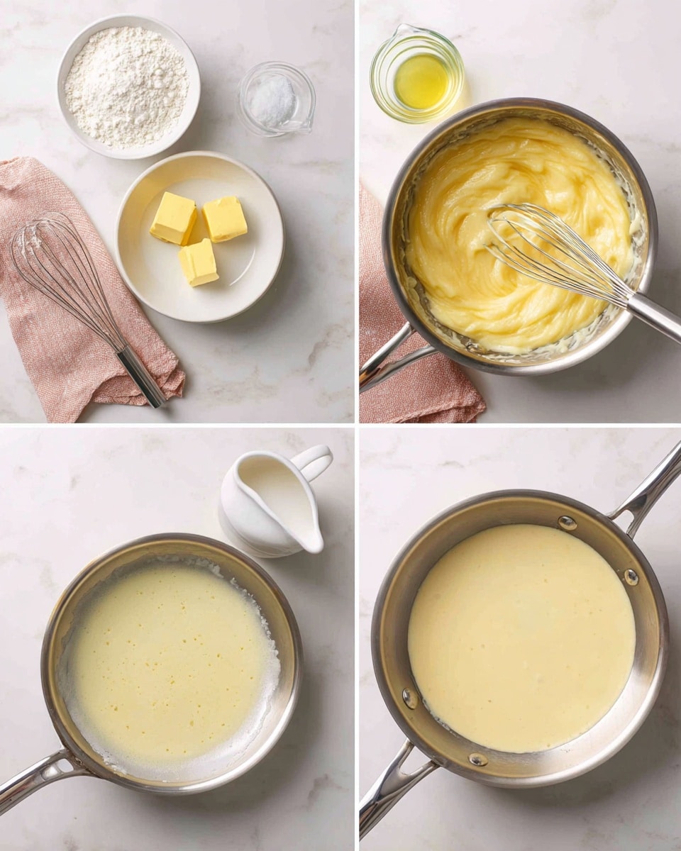 The image shows four steps of cooking a sauce in a shiny silver pan on a white marbled surface. In the first step in the top left, two small yellow blocks of melting butter sit in a pool of melted yellow butter inside the pan, with a bowl of white flour, a metal whisk, and a folded pink cloth nearby. In the second step in the top right, the pan contains a thick, creamy yellow mixture being quickly stirred, with a small glass cup of clear yellow liquid and the whisk beside it. In the third step in the bottom left, the pan holds a smooth, creamy light beige mixture that covers the entire base, with a white liquid pitcher and the whisk placed next to it. Finally, in the bottom right step, the sauce looks thicker and creamier with tiny specks visible throughout, and the whisk rests on the white marbled surface beside the pan. photo taken with an iphone --ar 4:5 --v 7
