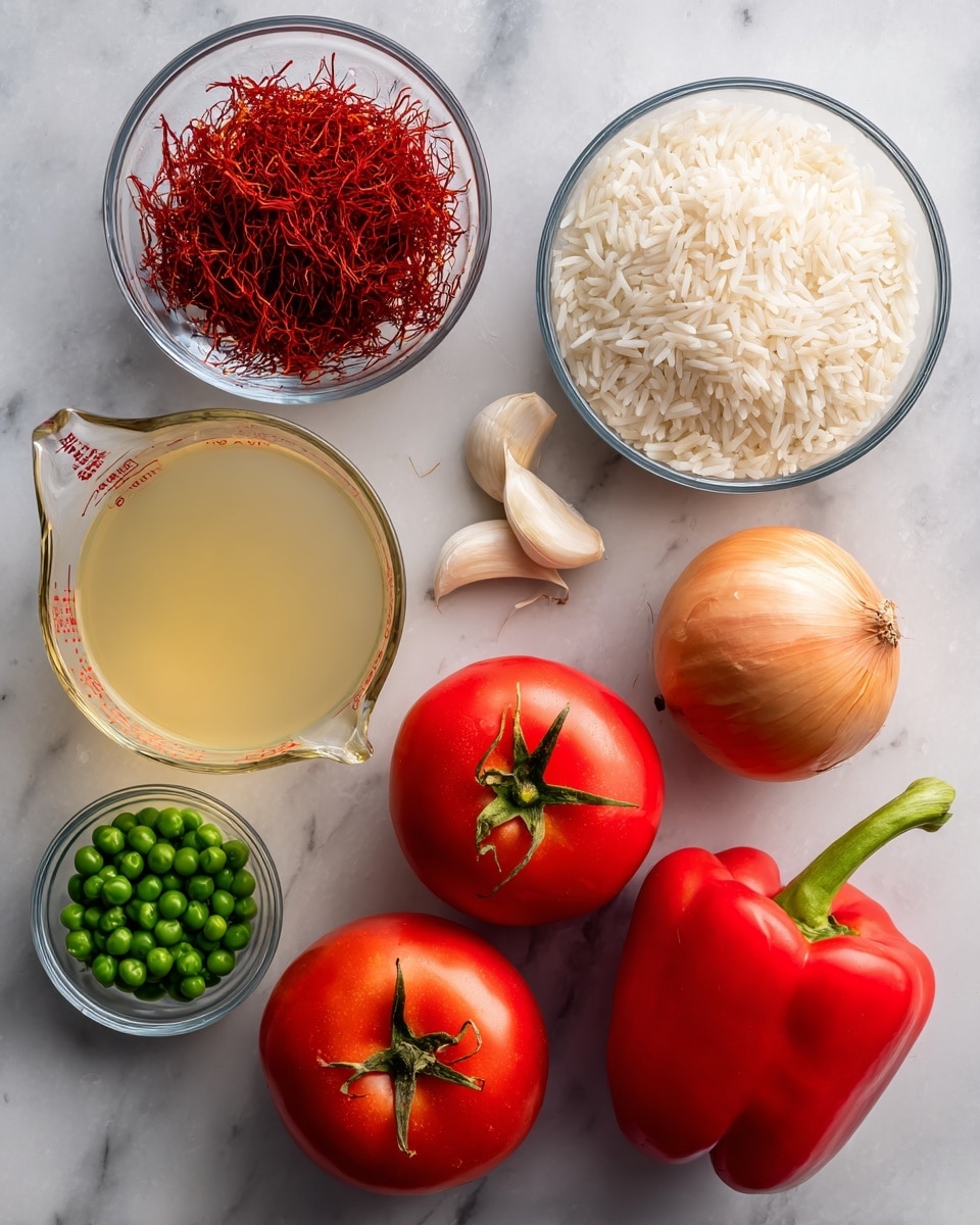 The image shows ingredients neatly arranged on a white marbled surface. There is a small clear bowl filled with red saffron threads in the top left, next to a larger clear bowl containing white paella rice in the middle. To the right of the rice are two pale garlic cloves and a whole round brown onion. Below the onion is a clear glass measuring cup filled with pale yellow broth or stock. Toward the bottom center, two bright red tomatoes are attached by their stems. To the right of the tomatoes is a shiny red capsicum or bell pepper with a green stem. In the bottom left corner, a clear bowl holds green peas. Each ingredient is labeled with white text on dark blue rectangles. photo taken with an iphone --ar 4:5 --v 7