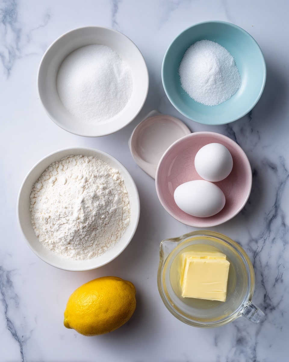 The image shows ingredients arranged neatly on a white marbled surface. There are six small white and pale blue bowls: one with white powdered sugar, one with white granulated sugar, one with white flour, and one small white bowl with two white eggs. There is a small pale pink dish holding salt and baking powder side by side. A clear glass measuring cup contains melted butter with a pale yellow color. At the bottom of the image, a bright yellow lemon sits whole. Each ingredient is labeled with a simple black text tag above or next to it. Photo taken with an iphone --ar 4:5 --v 7