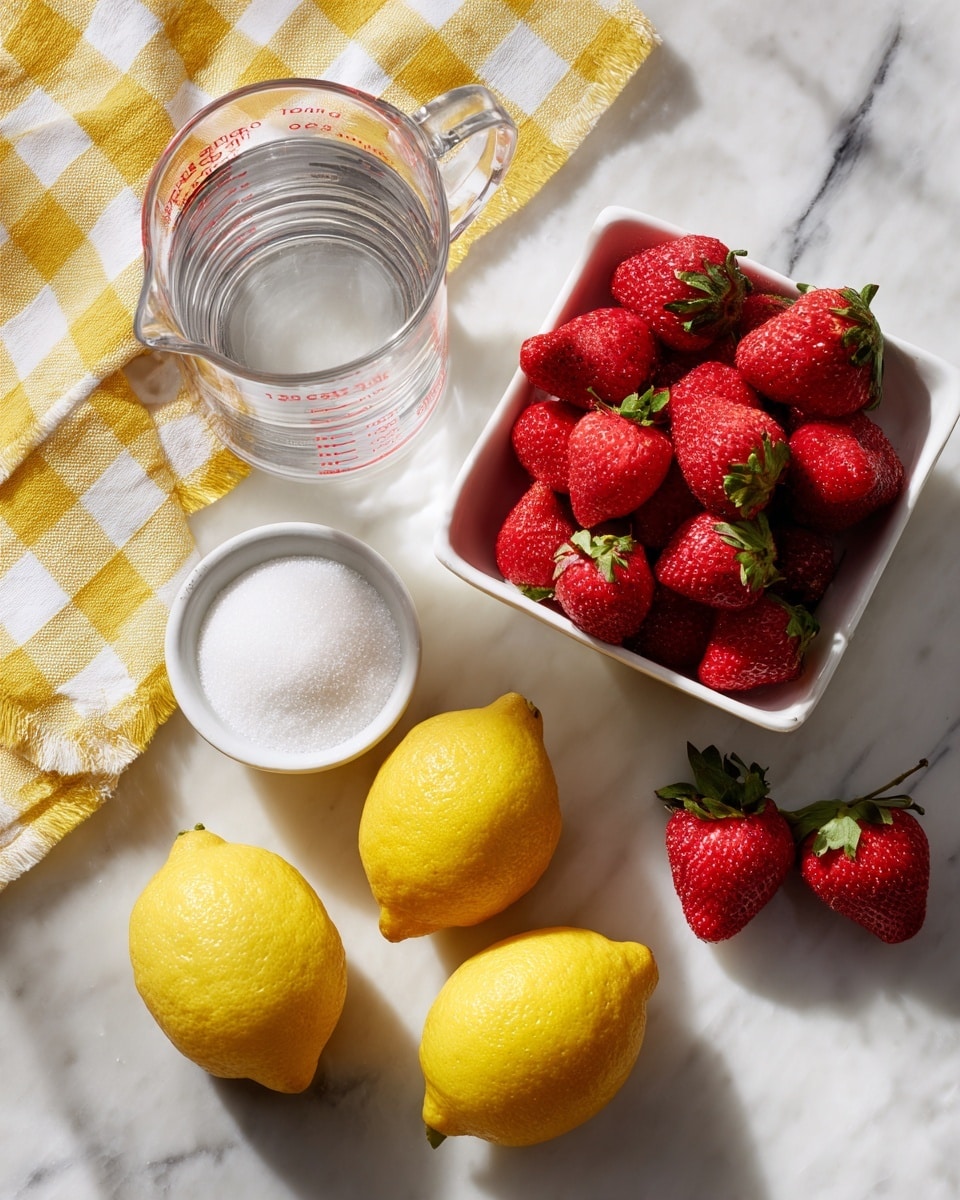 A clear glass measuring cup filled with water is placed near the top left, with a small white bowl of white sugar below it. To the right, a white square bowl is full of bright red strawberries with green tops, and a few strawberries are scattered around the surface. Below the strawberries, there are five bright yellow lemons arranged loosely on the white marbled surface. A yellow and white checkered cloth is partly visible on the far left side. The whole scene is set against a white marbled background. photo taken with an iphone --ar 4:5 --v 7