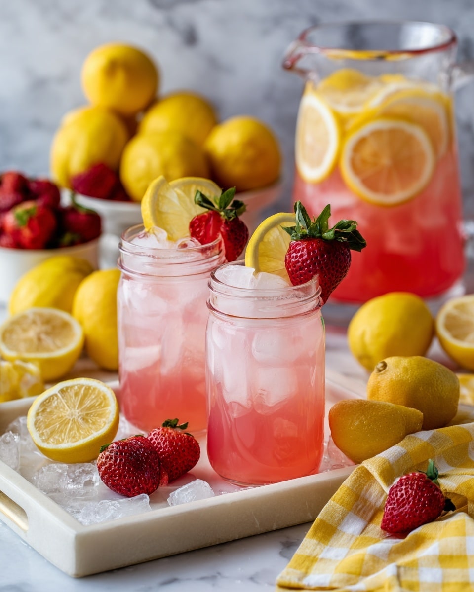 Two clear glass jars filled with pink lemonade and ice cubes sit on a white marbled surface. Each jar has a layer of light pink liquid with some deeper pink shades near the bottom and is decorated on top with a thin yellow lemon slice and a half red strawberry with green leaves. Behind the jars, a large clear pitcher holds more pink lemonade, garnished with lemon slices inside, and is surrounded by whole yellow lemons, halved lemons, and whole red strawberries scattered on a tray. A yellow and white checkered cloth lies next to the jars. Photo taken with an iphone --ar 4:5 --v 7