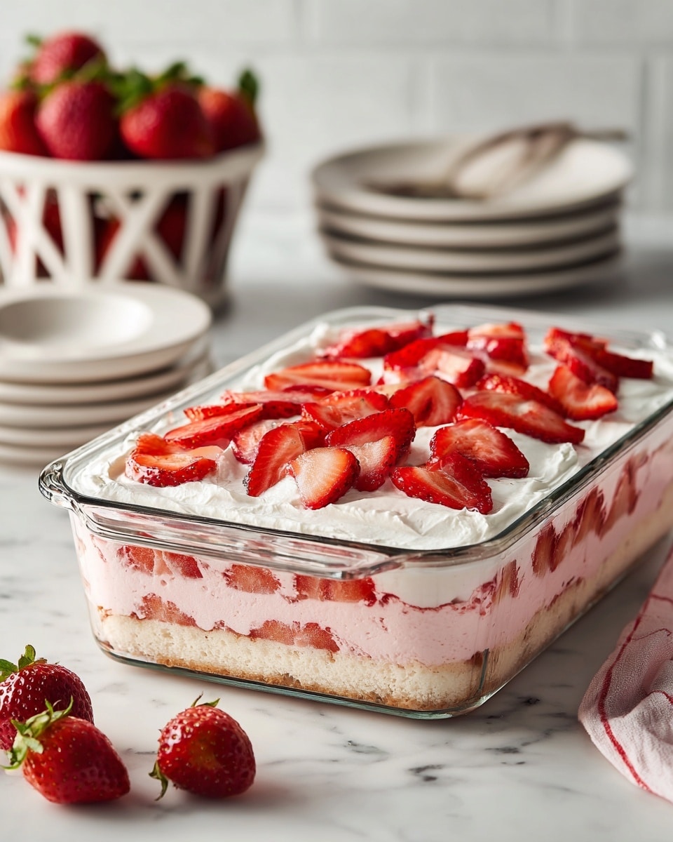 A clear glass baking dish holds a dessert with three visible layers: the bottom layer is a light beige color with a soft texture, the middle layer is a thick pink cream with slices of red strawberries embedded, and the top layer is a white cream covered evenly with thin, fresh strawberry slices. The dish is set on a white marbled surface. In the background, there is a white basket filled with whole strawberries and a stack of white plates. In the foreground, a few halved strawberries lay on the same white marbled surface. Photo taken with an iphone --ar 4:5 --v 7