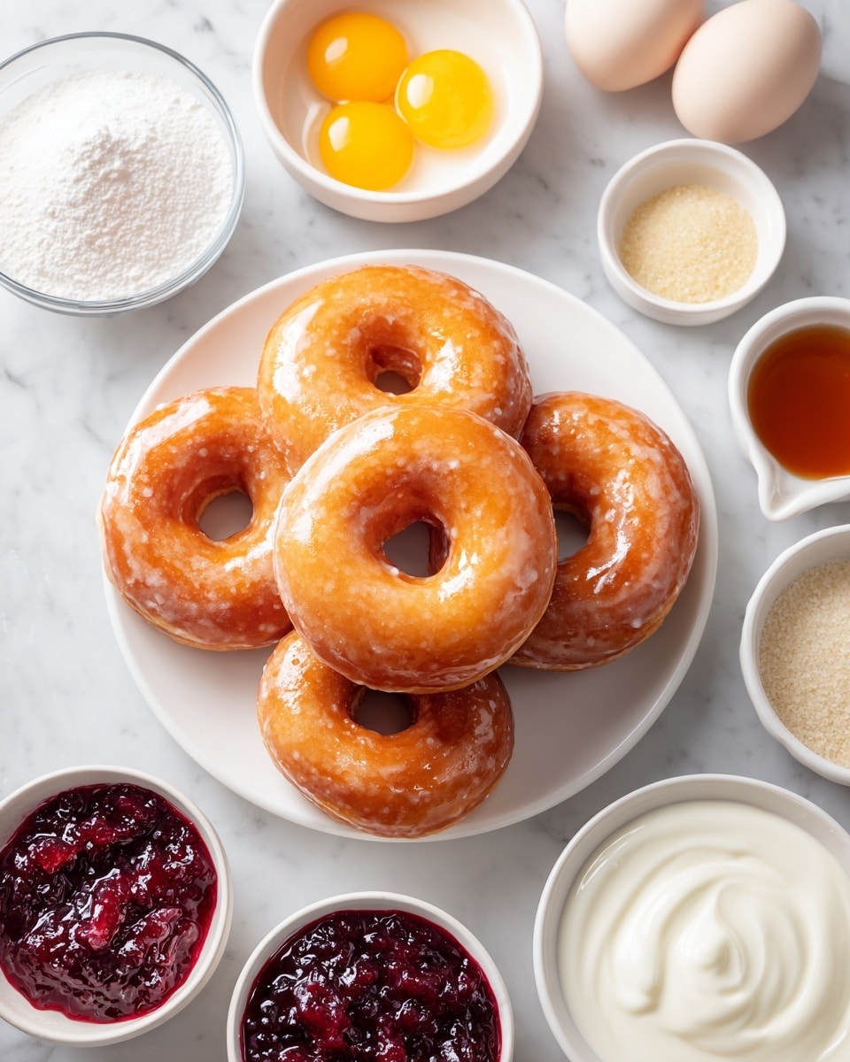 The image shows a white plate with three shiny glazed yeast donuts stacked slightly on top of each other. Surrounding the plate are small white bowls and dishes on a white marbled surface, each containing key ingredients: one bowl has coarse granulated sugar, another has whole eggs with bright yellow yolks, a small bowl contains salt, another has a light brown vanilla extract, and there are two bowls filled with creamy liquids—one with whole milk and the other with thick heavy whipping cream. A bowl of deep red raspberry jam with a textured surface is also present, adding a rich color contrast. The scene is bright and clean, arranged neatly and viewed from above. Photo taken with an iphone --ar 4:5 --v 7