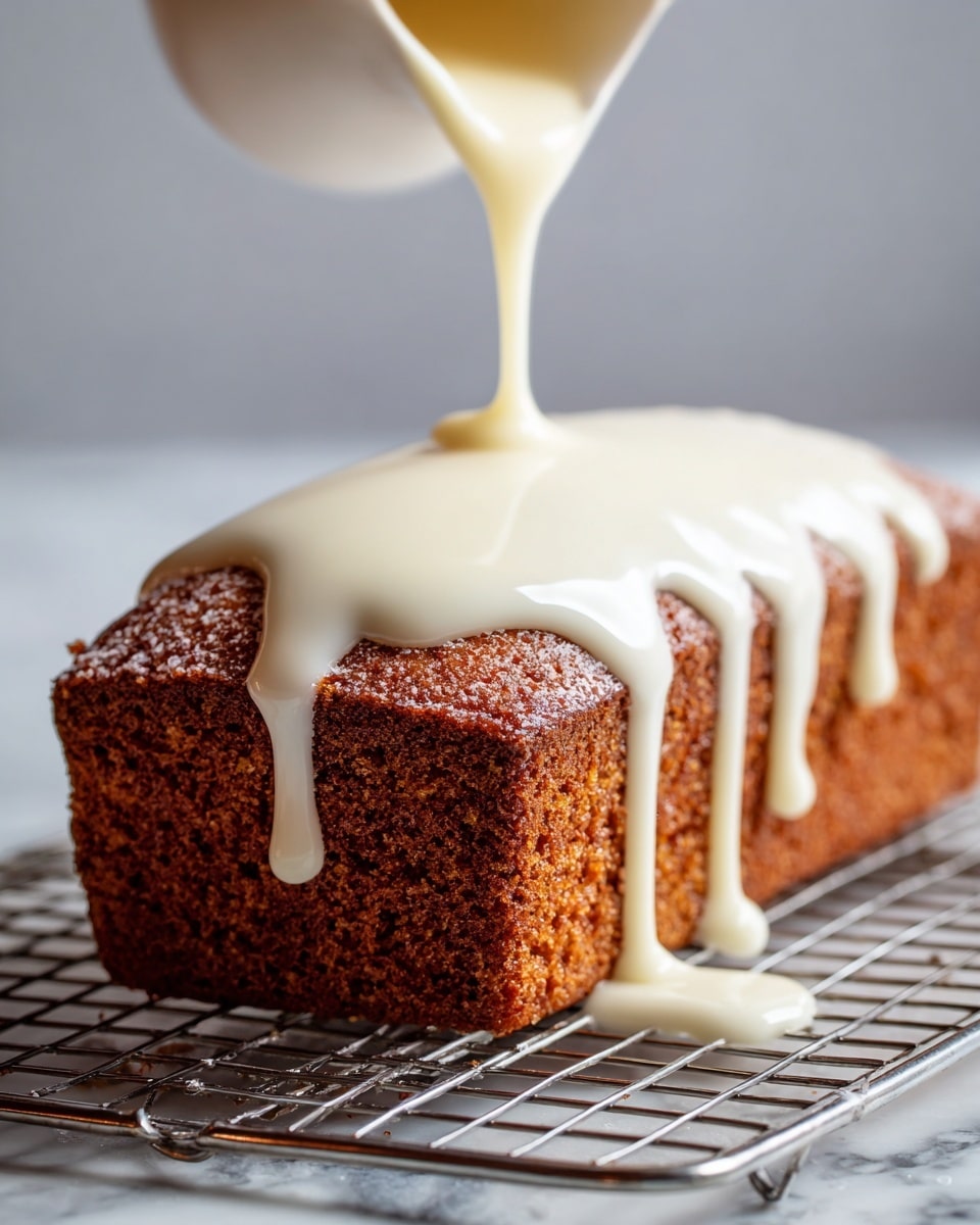 A rectangular, brown loaf cake sits on a metal cooling rack over a white marbled surface, with a smooth, thick, white glaze being poured over it from a clear container, covering the top and flowing down the sides in thick streams, creating a glossy and creamy layer that drips onto the rack below, showing the texture of the cake’s crumb underneath the shining icing, all shown in close-up detail; photo taken with an iphone --ar 4:5 --v 7
