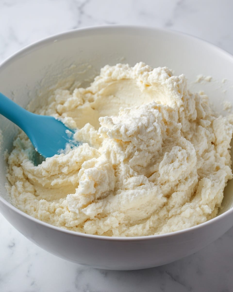 The image shows a close-up of a white bowl filled with a thick, lumpy mixture that is pale cream in color. The texture looks soft but chunky, with small uneven clumps throughout, appearing somewhat sticky and dense. A blue spatula is partially visible, scooping into the mixture on the left side of the bowl. The bowl has a smooth glossy surface and sits on a white marbled background. The lighting highlights the moist and slightly shiny texture of the mixture, making it the main focus of the image. photo taken with an iphone --ar 4:5 --v 7