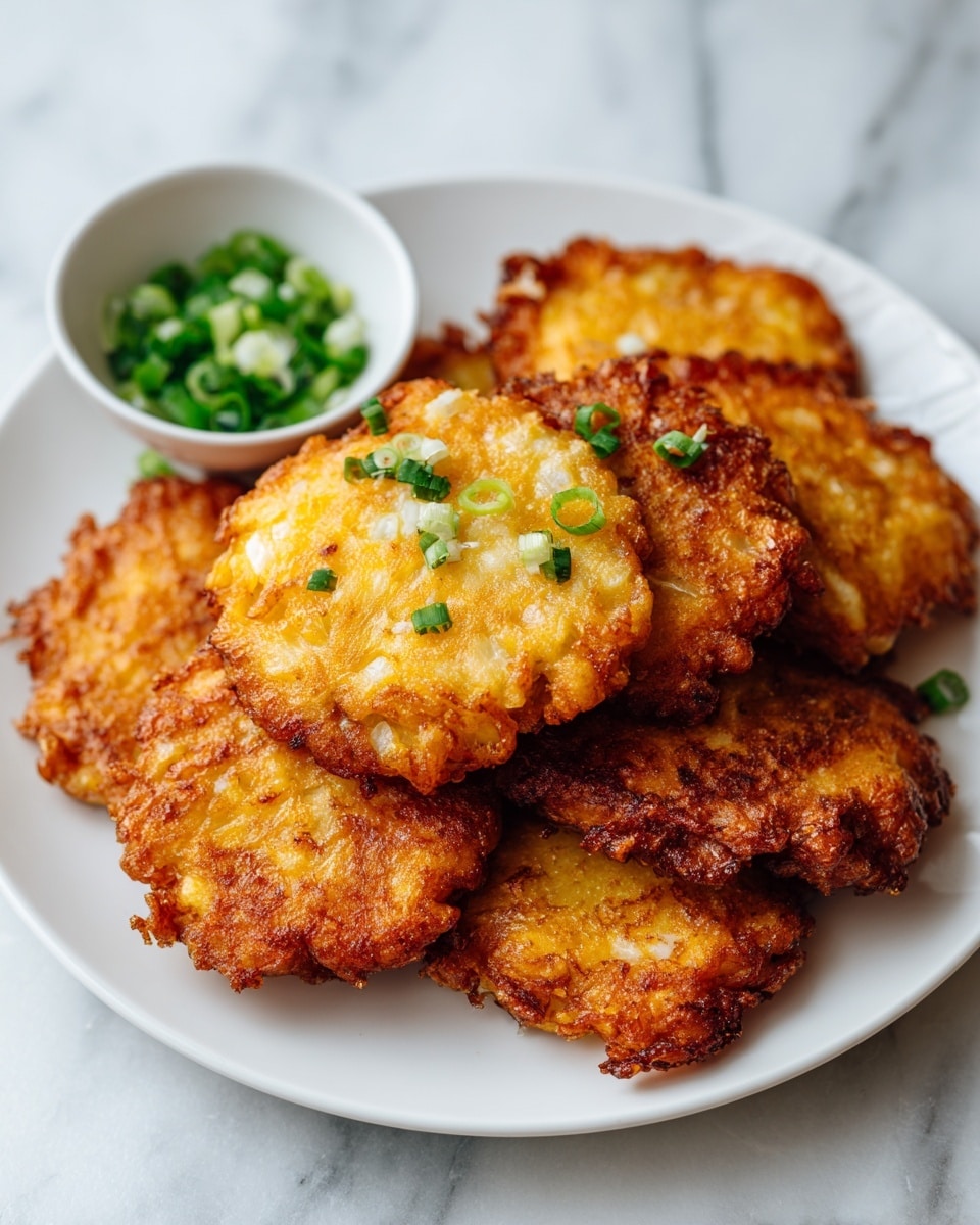 A white plate holds a stack of six golden-brown, unevenly shaped fritters with crispy edges and a slightly lumpy texture, showing small bits of white inside that look like onions or potatoes. The fritters are piled in the center of the plate, overlapping each other. Next to the plate, there is a small white bowl filled with finely chopped green onions. The setting is on a white marbled surface. Photo taken with an iphone --ar 4:5 --v 7