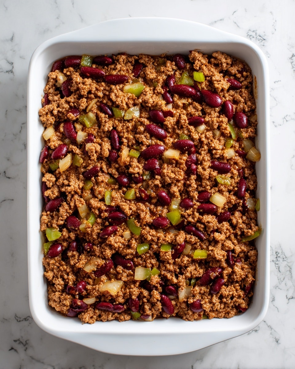 The dish is shown in a white rectangular baking dish filled with two layers mixed together: a base layer of cooked ground meat in brown color with a crumbly texture, and mixed throughout are cooked diced onions appearing translucent white and small red kidney beans that add pops of muted red color. The ingredients look evenly spread across the dish inside. The background has a white marbled texture. Photo taken with an iphone --ar 4:5 --v 7