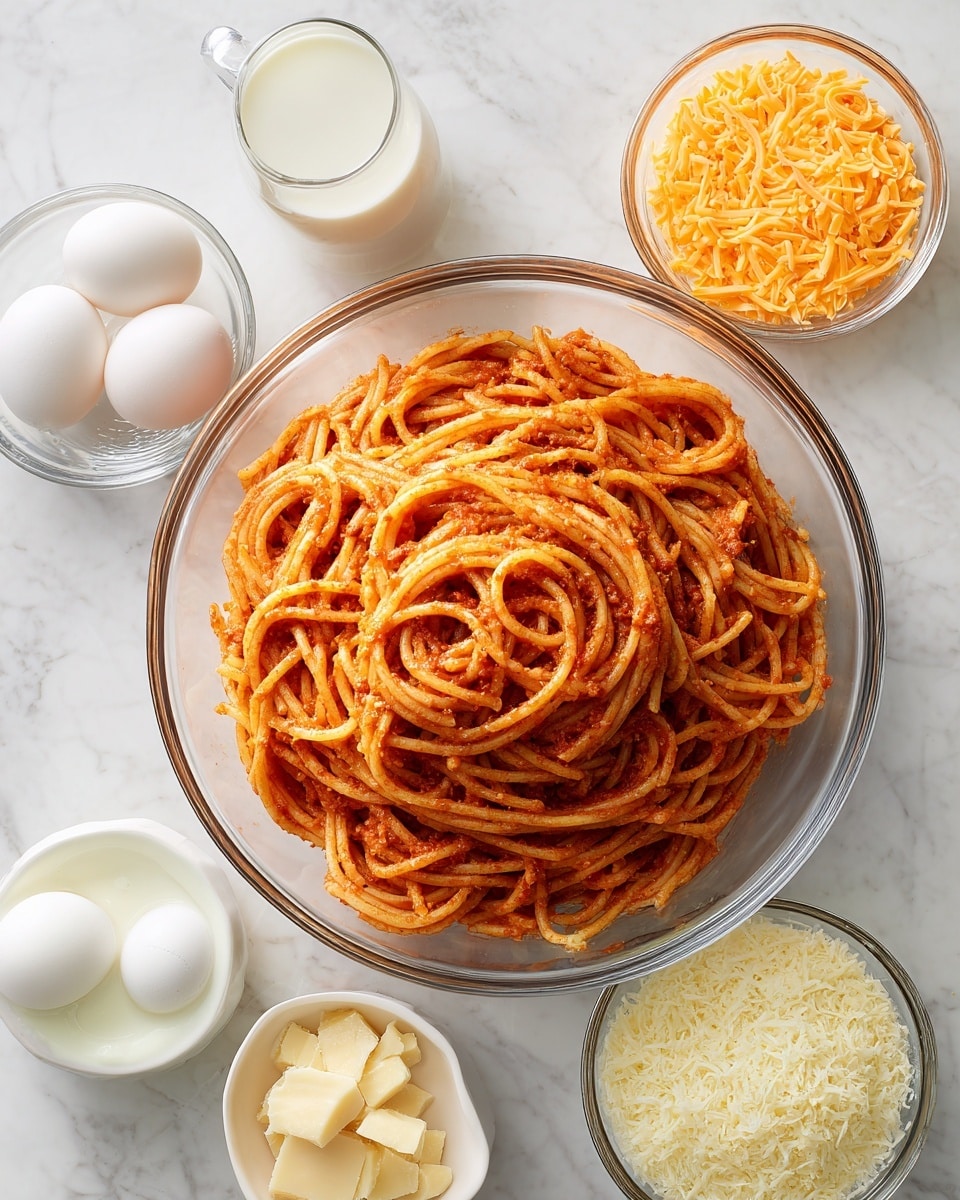 A clear glass bowl filled with spaghetti covered in a reddish sauce is placed on a white marbled surface. Surrounding it are four smaller clear glass bowls, one with shredded orange cheese, one with three white eggs, one with a small amount of white milk, and one with pale yellow grated cheese. The arrangement is neat and all bowls show the food ingredients clearly. Photo taken with an iphone --ar 4:5 --v 7
