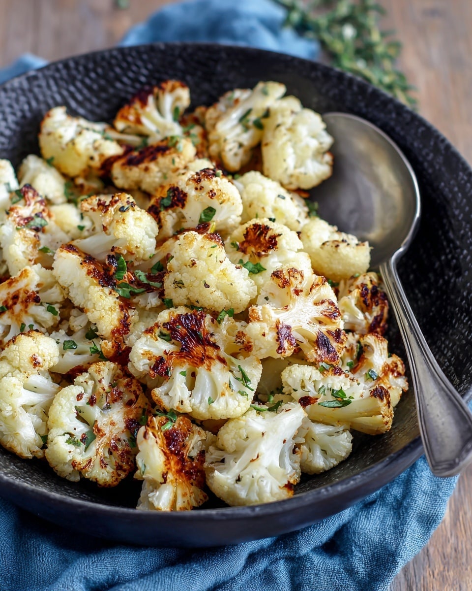 A black textured bowl filled with roasted cauliflower pieces that are white with brown edges from charring, scattered with small bits of green herbs on top. A shiny silver spoon rests inside the bowl on the right side. The bowl sits on a wooden surface with some green herbs blurred in the background and a blue cloth partially visible on the left side. Photo taken with an iphone --ar 4:5 --v 7