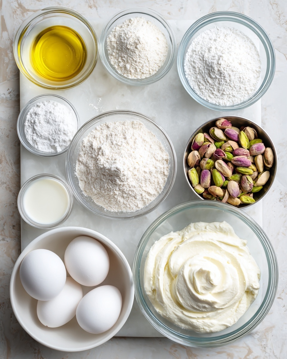 The image shows a flat lay of various ingredients arranged neatly on a tray with a white marbled texture. There are nine glass bowls and one white bowl placed on the surface. Starting from the top left, there is a small glass bowl of clear yellow oil, next to it is a glass bowl filled with white cornstarch powder. To the right of the cornstarch bowl, there is a large glass bowl filled with white granulated sugar. Below that is a small glass bowl with white salt. In the center right, there is a small metal cup filled with whole pistachios, mostly green and purple in color. To the left, a small glass bowl contains white milk. Below the pistachios, a large white bowl holds creamy white ricotta cheese with a smooth texture. At the bottom left, a small glass bowl contains three white eggs. Center left, a large white bowl is full of white flour with a powdery texture. Each ingredient is labeled with white text. The whole setup is clean and organized. Photo taken with an iphone --ar 4:5 --v 7