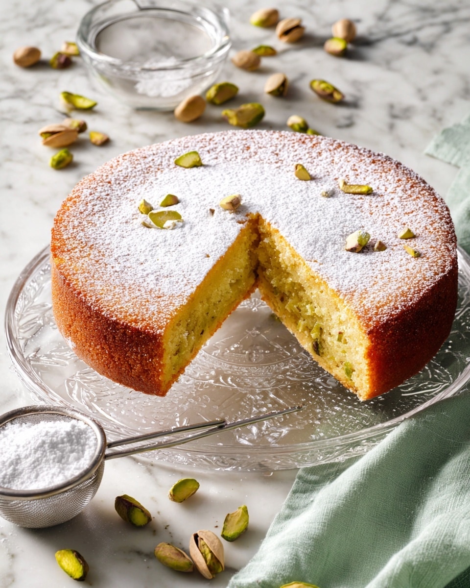 A single-layer round cake with a golden brown crust and a slightly cracked top, dusted with powdered sugar. One slice is removed and placed slightly leaning against the cake, showing a light yellow inside filled with small green pistachio pieces and a soft texture. The cake sits on a clear glass plate with decorative designs, resting on a white marbled surface. Scattered pistachios and an open metal sieve with powdered sugar powder nearby add to the scene. A light green cloth is partially visible under the plate. Photo taken with an iphone --ar 4:5 --v 7