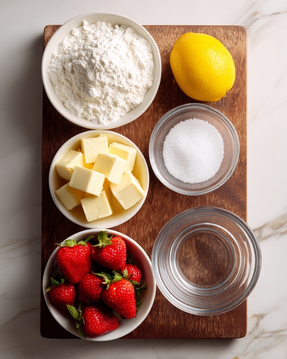 A wooden board holds seven ingredients neatly placed: on the top left is a white bowl full of white flour, next to it in the middle is a bright yellow lemon, and on the top right are two clear glass bowls containing white granulated sugar and coarse salt, respectively. On the bottom left is a clear glass bowl with pale yellow butter cubes, in the center is a white bowl filled with fresh red strawberries with green leaves, and on the bottom right is an empty clear glass bowl. The background shows a white marbled texture. Photo taken with an iphone --ar 4:5 --v 7