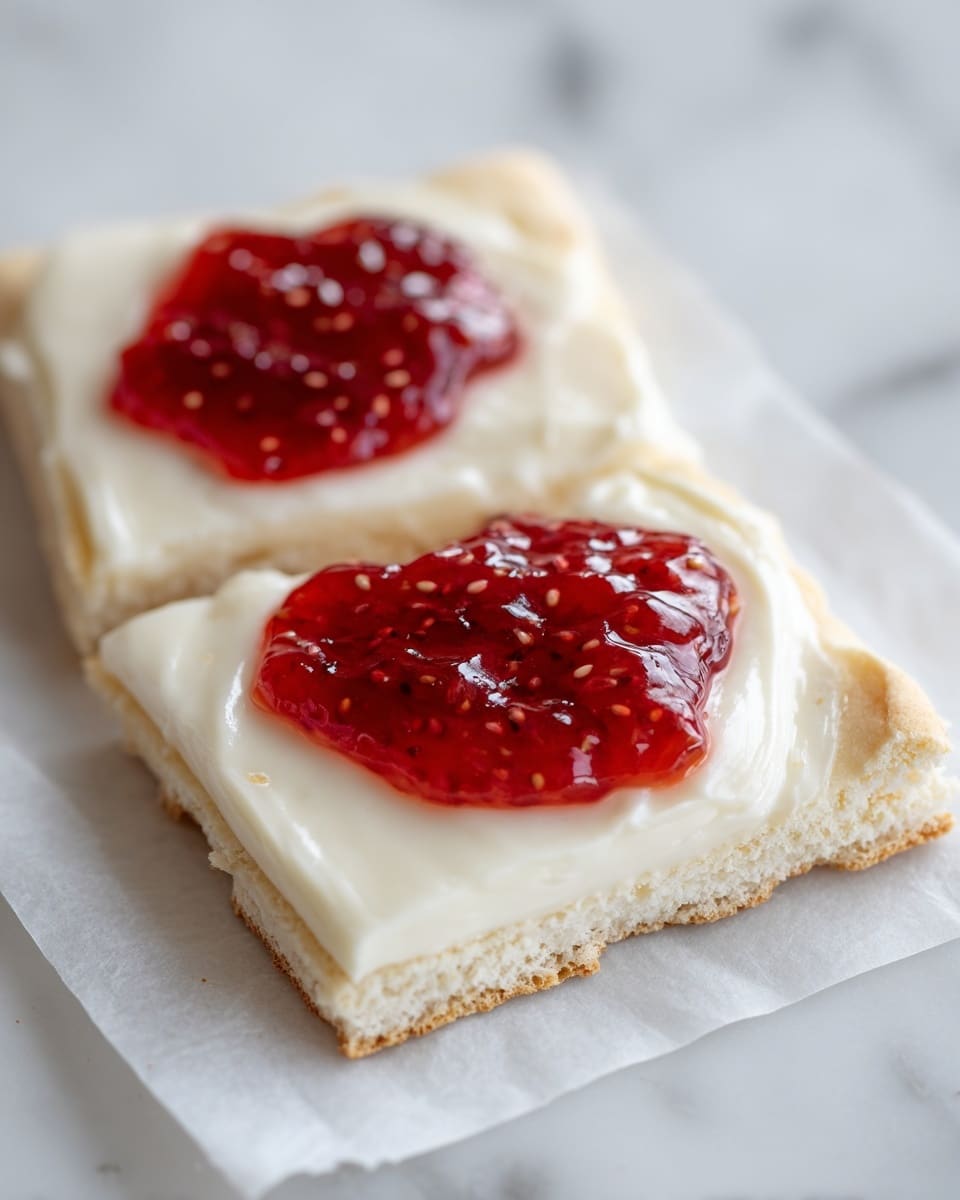 The image shows two square pieces of pale, folded dough laid flat on a white marbled surface, each topped with a smooth, thick white spread and a generous dollop of bright red strawberry jam with small visible seeds, centered on each piece. The jam pools slightly on top of the white layer, creating a shiny, slightly translucent effect with a soft textured contrast to the smooth spread beneath. The edges of the dough are slightly crinkled and uneven, and the layers are arranged vertically, one above the other, on a piece of white parchment paper. Photo taken with an iphone --ar 4:5 --v 7