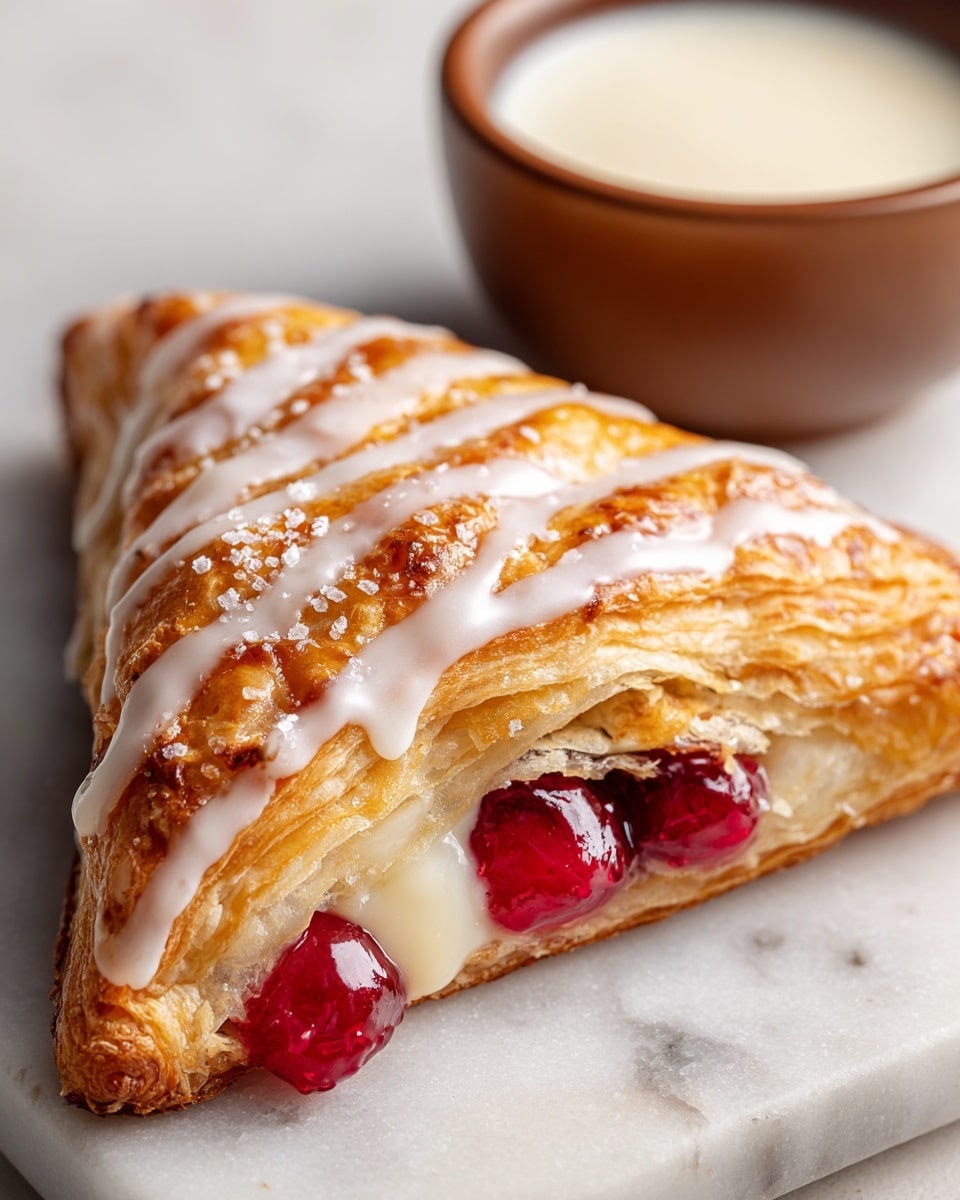 A golden brown triangular pastry with multiple flaky layers, topped with a light drizzle of white icing. One corner of the pastry is bitten to show bright red fruit filling inside. In the background, there is a small brown bowl filled with white sauce, all placed on a white marbled surface. Photo taken with an iphone --ar 4:5 --v 7