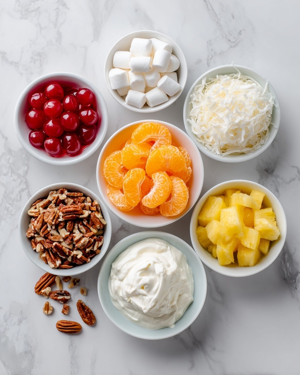 The image shows several small bowls arranged on a white marbled surface, each containing different ingredients for a dish. There is a bowl of bright orange mandarin orange segments in the center, surrounded by a bowl of white miniature marshmallows, a bowl of red maraschino cherries, a bowl of white sour cream or Greek yogurt, a bowl of white sweetened coconut flakes, a bowl of chopped light brown pecans, a bowl of smooth white cool whip, and a bowl of yellow pineapple chunks. Each bowl presents the colors and textures of the ingredients clearly, with a mix of smooth, fluffy, and chunky textures. Photo taken with an iphone --ar 4:5 --v 7