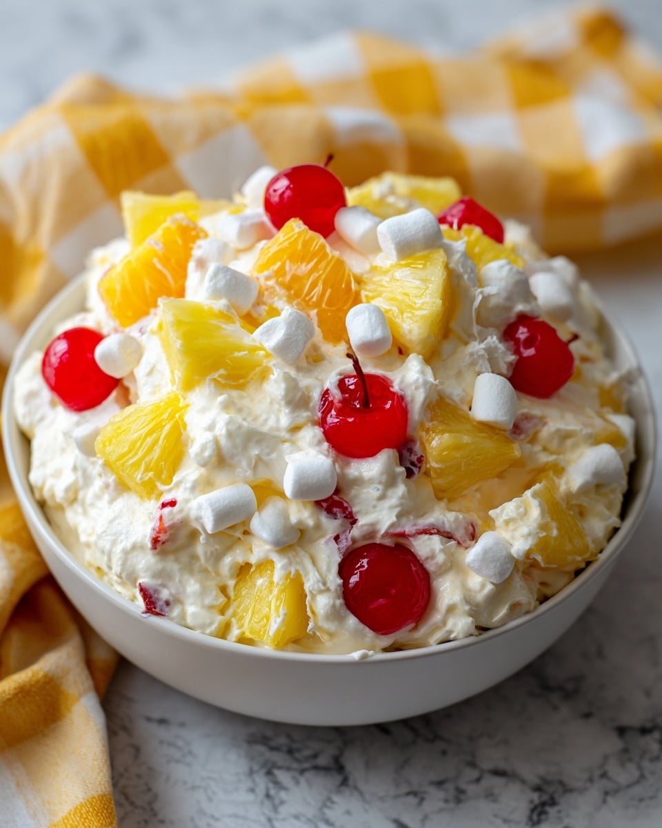A large white bowl is full of a creamy, fluffy white mixture with pieces of yellow pineapple and orange mandarin slices mixed in. Bright red cherries and small white marshmallows are scattered throughout the top, adding pops of color and texture. The mixture looks soft and thick, with the fruit and marshmallows slightly embedded but visible on the surface. The bowl sits on a white marbled texture with a yellow and white checkered cloth blurred in the background. Photo taken with an iphone --ar 4:5 --v 7