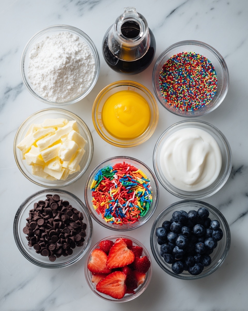 A top view of eight small clear glass bowls and one clear glass measuring cup, all arranged neatly on a white marbled surface. Each bowl contains a different ingredient: white powder labeled pancake mix, melted yellow butter, smooth white egg, colorful rainbow sprinkles, dark brown chocolate chips, bright red sliced strawberries, and plump dark blueberries. The clear measuring cup holds white milk, and a dark bottle labeled syrup is placed near the top of the arrangement. The ingredients are evenly spaced creating a balanced, clean look. Photo taken with an iphone --ar 4:5 --v 7