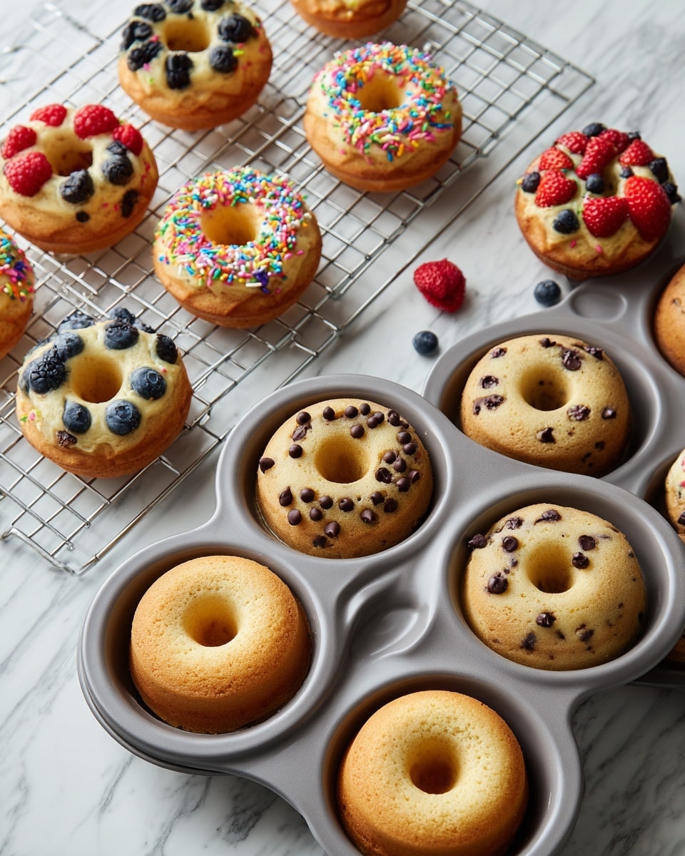 The image shows two gray donut pans with freshly baked donuts inside, placed on a white marbled surface. Each pan holds six light golden donuts with smooth tops and a hole in the middle. The donuts have different toppings: some have small chocolate chips scattered on top, others have colorful sprinkles in red, green, blue, and purple, some contain small strawberry pieces, and others have small dark berries. Next to the pans is a white wire cooling rack holding six more donuts, decorated similarly with chocolate chips, strawberries, and dark berries. The donuts have a soft, baked texture and look evenly cooked. Photo taken with an iphone --ar 4:5 --v 7