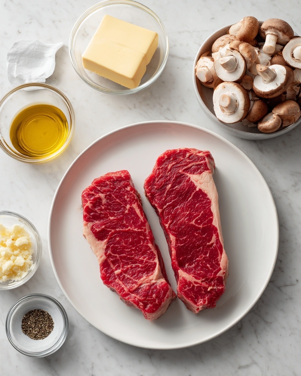 The image shows a white plate on a white marbled surface. On the plate, there are two raw New York strip steaks placed side by side, their rich red color fresh and smooth in texture. Surrounding the plate are small clear bowls and containers holding the ingredients: golden yellow olive oil in a small bowl, pale yellow butter in a clear dish, thinly sliced light beige mushrooms, a small bowl of coarse salt and dark ground pepper, and minced garlic with a creamy off-white color. The setup is neat, bright, and ready for cooking. Photo taken with an iphone --ar 4:5 --v 7