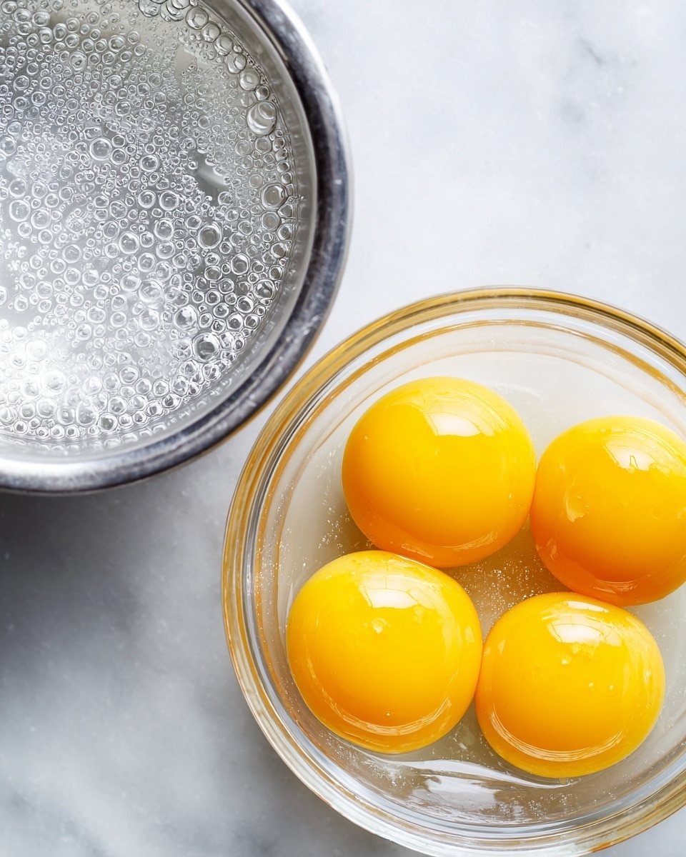A close-up image shows two bowls side by side on a white marbled surface. The bowl on the left is metallic and contains a clear, slightly bubbly egg white with a shiny texture. The bowl on the right is transparent glass, holding four bright yellow egg yolks sitting close together, smooth and glossy. The arrangement clearly separates the two parts of the eggs, highlighting their different colors and textures. photo taken with an iphone --ar 4:5 --v 7