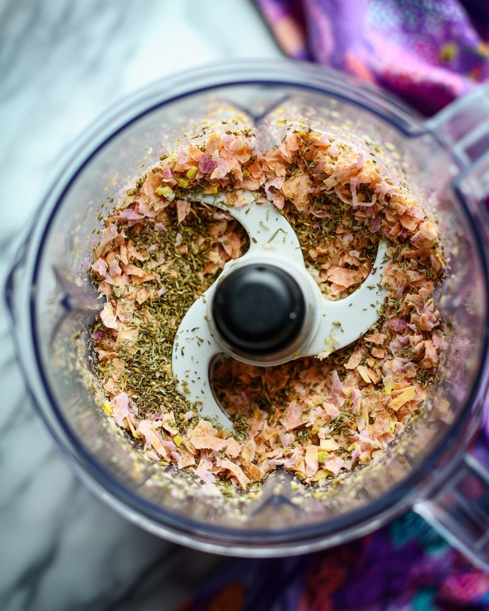 The image shows a close-up view inside a clear blender jar filled with a finely mixed blend of ingredients. The blend has many small pieces in layers: mostly light pink and orange bits mixed with green herb flakes and tiny yellow seeds throughout. The blender’s white curved blades are visible at the center, with a black hub holding them in place. Around the jar, a white marbled surface is slightly seen along with a colorful cloth at the edge. Photo taken with an iphone --ar 4:5 --v 7