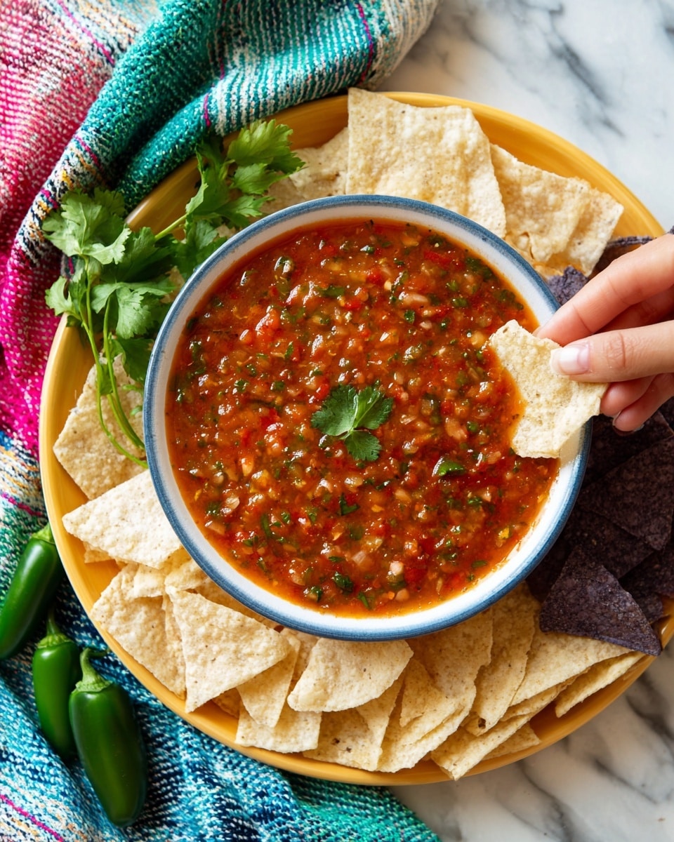 The image shows a white bowl filled with chunky red salsa, placed on a small blue plate, all set on a yellow tray. The salsa has visible bits of tomato, onions, and green herbs, with a green cilantro sprig on top. Around the bowl, there are light beige and dark purple triangular tortilla chips arranged neatly on the tray. A woman's hand is dipping a light beige chip into the salsa. The tray is on a colorful woven cloth with green, blue, pink, and white stripes, with two fresh green jalapeños and a sprig of cilantro nearby. The whole scene is on a white marbled surface. photo taken with an iphone --ar 4:5 --v 7