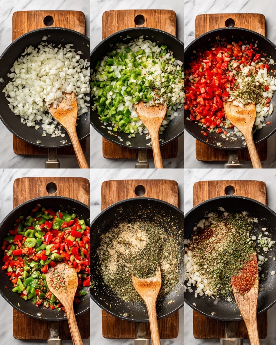 The image shows a sequence of cooking chopped vegetables in a black frying pan. The first layer, on a wooden board, has roughly chopped white onions, red bell peppers, and green bell peppers. The second layer in the pan has the green and red peppers being cooked with some garlic, showing bright red and green pieces against the black pan. The third layer adds the white onions to the mix, all stirred with a wooden spatula. The fourth layer adds a variety of dried herbs and spices sprinkled over the vegetables, adding texture and contrast with the green, red, and white colors. The fifth and final layer shows the vegetables cooked further, with a slightly soft and browned appearance, stirred again with the wooden spatula. The background features a white marbled surface. photo taken with an iphone --ar 4:5 --v 7