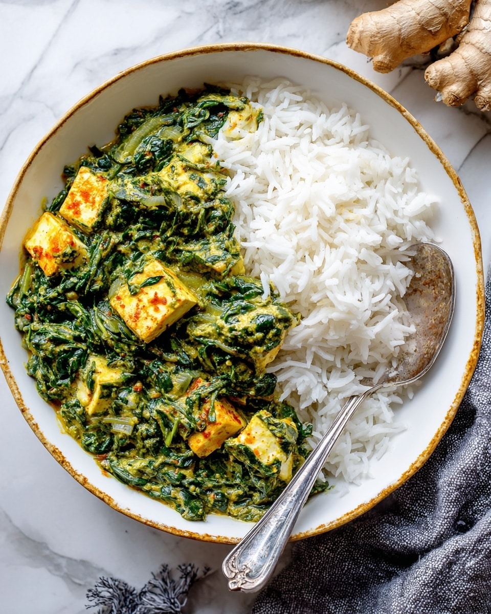 A white plate with a gold rim holds a serving of white rice on the left side and a thick, green spinach curry mixed with light orange pieces of paneer on the right side. The curry's texture looks creamy with leafy bits of spinach. A shiny silver spoon rests on the right edge of the plate. The background is a white marbled surface with a piece of ginger and a gray cloth partially visible in the top right corner. Photo taken with an iphone --ar 4:5 --v 7