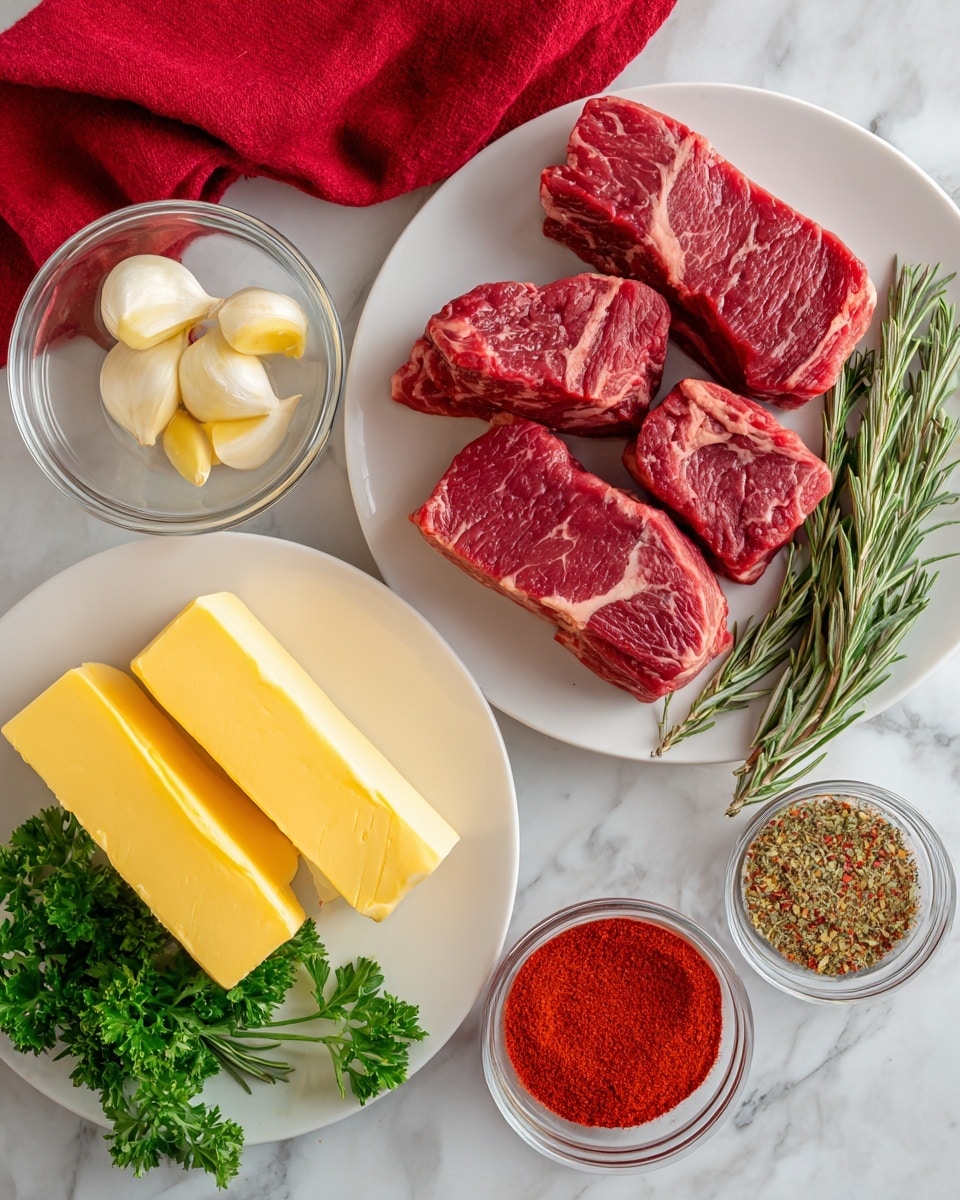 A white plate on the left holds a yellow stick of butter, two green sprigs of rosemary on the right side, and a bunch of fresh green parsley at the bottom; above it, a small glass bowl contains three light yellow garlic cloves, labeled garlic. On the right side, another white plate has three raw steak pieces with deep red color and white marbling, labeled steak. Below the left plate is a small glass bowl filled with bright red paprika powder, labeled paprika. The background is a white marbled texture, with a red cloth partially visible on the upper left corner. Photo taken with an iphone --ar 4:5 --v 7