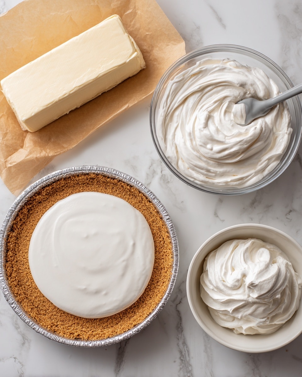 A flat round graham cracker crust with a light brown sandy texture sits at the bottom center of the image, lined with silver foil on the edge. Above and to the left is a rectangular block of creamy white cream cheese resting on brown parchment paper. Below it is a clear glass bowl filled with smooth, glossy white marshmallow fluff, with a gray spatula sticking out. To the right of the marshmallow bowl is a white round bowl filled with soft, whipped white cool whip cream that swirls gently. Above this bowl is a small brown paper bag open at the top, showing powdered white instant vanilla pudding. The whole scene is set on a white marbled surface. photo taken with an iphone --ar 4:5 --v 7