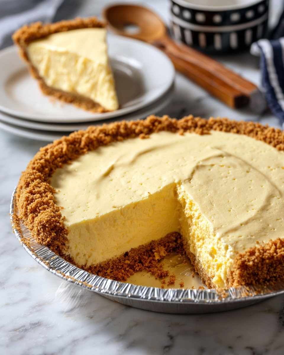 The image shows a creamy pie with two layers: a thick light yellow, soft and fluffy filling on top of a thin brown crumb crust. A slice is missing, revealing the smooth texture inside. Behind the pie, the removed slice sits on a white plate. The pie is in a foil pan, placed on a white marbled surface with part of a black-and-white patterned bowl and a wooden spoon handle nearby. The lighting is bright and natural, highlighting the pie’s creamy texture and crumbly base, photo taken with an iphone --ar 4:5 --v 7