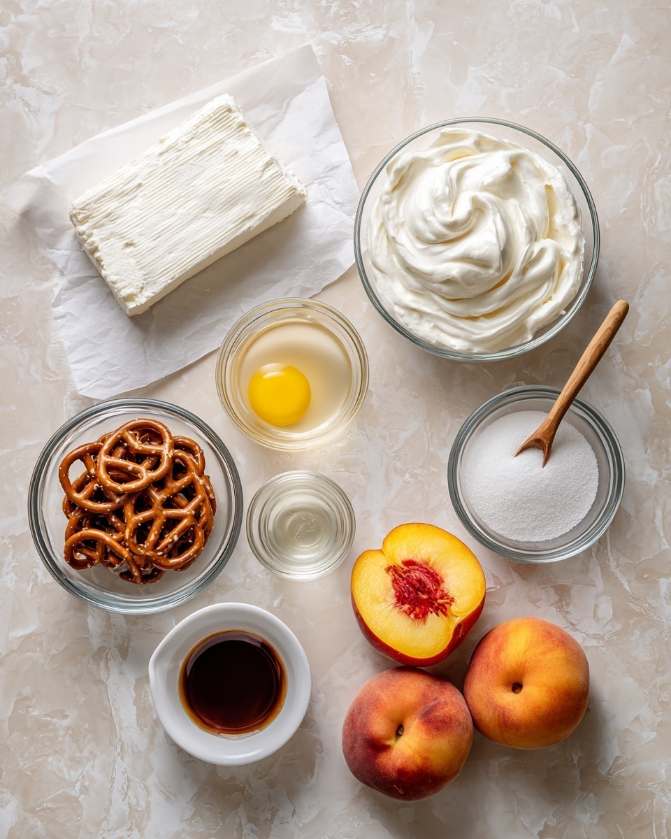 The image shows ingredients for a peach dessert arranged on a white marbled surface. There are two whole peaches with bright orange-yellow skin placed in the lower right corner. Near them, a clear bowl with 2 1/2 cups of brown pretzels is at the bottom left. Above the pretzels, there is a white block of cream cheese on white paper. To the right side, a clear bowl contains white peach gelatin powder. Next to it, a smaller clear jar holds white sugar with a wooden spoon inside. On the top right, a large white bowl full of white cool whip sits. Near the center, a clear measuring cup with yellow melted butter is visible. To its left, a small clear bowl with dark brown vanilla extract is placed. Finally, a clear cup with 4 cups of water sits at the top left, beside half a peach showing its orange flesh. The words describing each ingredient are written in black script on the image. Photo taken with an iphone --ar 4:5 --v 7