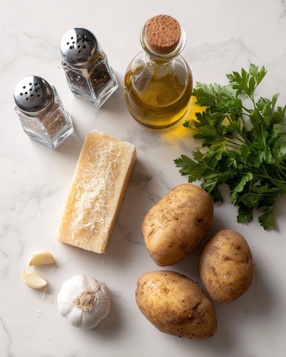 The image shows different ingredients placed on a white marbled surface. There are three whole brown potatoes with a rough texture near the bottom right. Above them is a small garlic bulb with two separated garlic cloves. To the left of the potatoes and garlic, there are two clear glass shakers, one with black pepper and one with salt. Above the salt shaker is a block of pale yellow Parmesan cheese with some cheese pieces broken off, resting on a silver grater. To the top right of the cheese is a glass bottle filled with light yellow oil, topped with a wooden stopper. Near the top right corner, some fresh green parsley leaves are visible. The whole scene looks bright and clean, with all objects neatly spaced. photo taken with an iphone --ar 4:5 --v 7