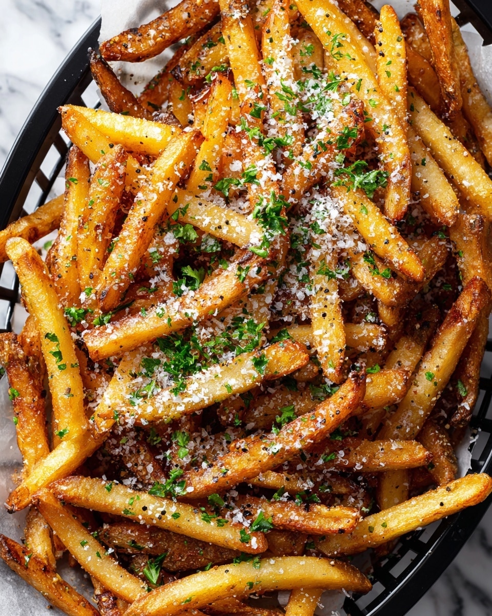 The image shows many golden brown fries with a crispy texture, spread out closely together. On top of the fries, there is a layer of finely grated white cheese and small green parsley leaves scattered evenly. The fries also have a light sprinkle of black pepper and appear slightly shiny as if lightly oiled. The fries are inside a black basket with ridges visible on one side. The background is a white marbled texture. Photo taken with an iphone --ar 4:5 --v 7