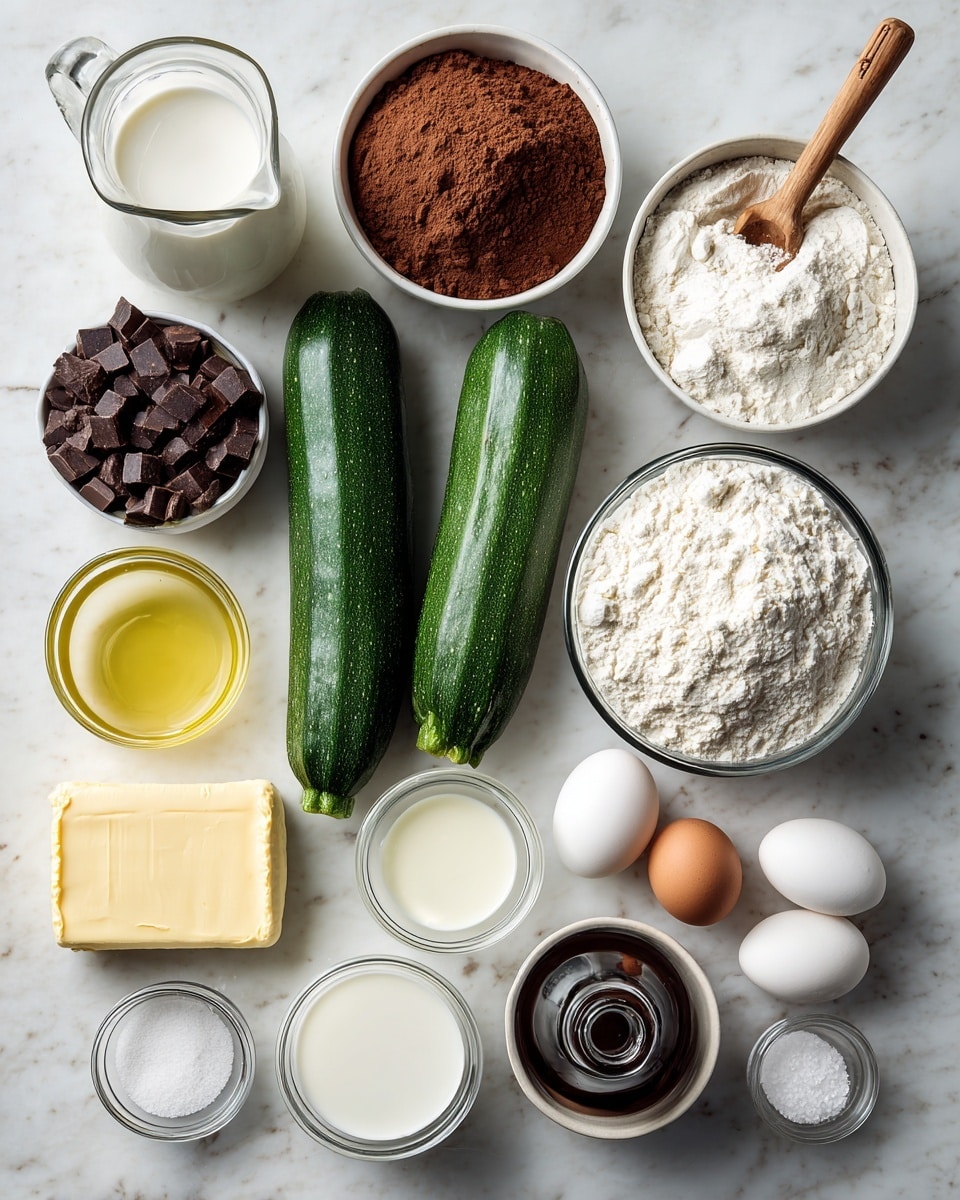 The image shows a collection of twelve baking ingredients placed neatly on a white marbled surface. At the center, two medium-sized green zucchinis lie side by side. Above the zucchinis is a clear glass jug filled with white milk. To the left of the milk is a white bowl with reddish-brown cocoa powder and a small wooden scoop resting inside it, and to the right is a white bowl filled with white flour with a similar wooden scoop. Below the cocoa powder is a small clear bowl with light yellow oil, and below the flour is a clear round bowl with thick white yogurt. Below the zucchinis is a rectangular stick of butter with yellow wrapping. To the left of the butter is a white bowl filled with dark chocolate chips. Below the chocolate chips is a white bowl holding two whole white eggs. Directly below the butter is a small dark bottle of vanilla extract. To the right of the vanilla is a white bowl filled with granulated sugar, and below the sugar is a clear round bowl with powdered sugar and a tiny wooden scoop. At the bottom left are two small white bowls, one with white baking powder and a small white spoon and the other with a white granulated ingredient and a small white spoon. photo taken with an iphone --ar 4:5 --v 7