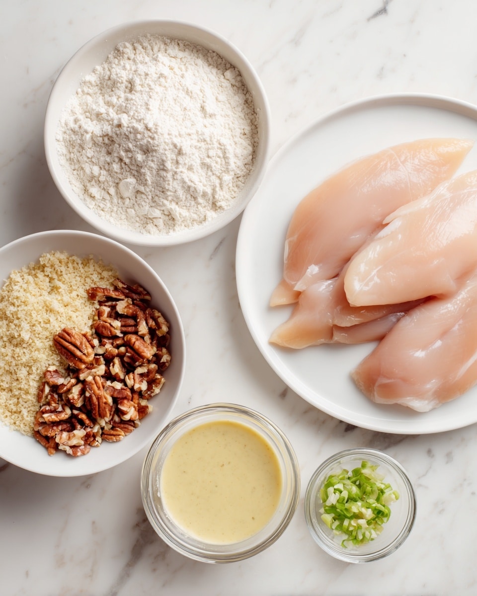 The image shows a top view of several white dishes with ingredients on a white marbled surface. On the right, a white plate holds four raw chicken cutlets, light pink with smooth texture. On the top left, a white bowl contains pure white all purpose flour with a powdery texture. Below it, a larger white bowl is divided into two halves—one side has light beige panko breadcrumbs with a coarse texture, and the other side has finely chopped pecans in light brown tones. A smaller clear glass bowl filled with green onion salt is placed below the white bowl with pecans and breadcrumbs. At the bottom, a white shallow bowl holds creamy honey mustard sauce, pale yellow and smooth in texture. The arrangement is neat and clean. Photo taken with an iphone --ar 4:5 --v 7