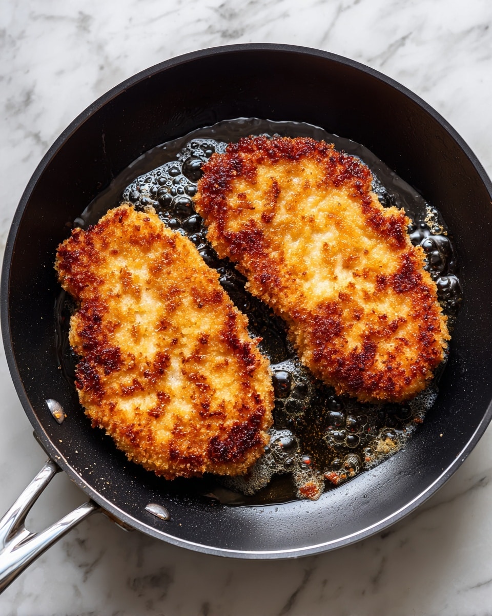 The image shows two pieces of breaded food frying in a black frying pan with a silver handle, placed on a white marbled surface. Each piece is golden brown with darker, crisp spots and a crunchy texture visible on the surface, surrounded by small oil bubbles and crumbs in the pan. The two pieces almost fill the pan, lying flat side by side, and their irregular shape suggests they are cutlets or fillets. The lighting highlights the glistening oil and crispy coating, giving a warm, cooked appearance. photo taken with an iphone --ar 4:5 --v 7