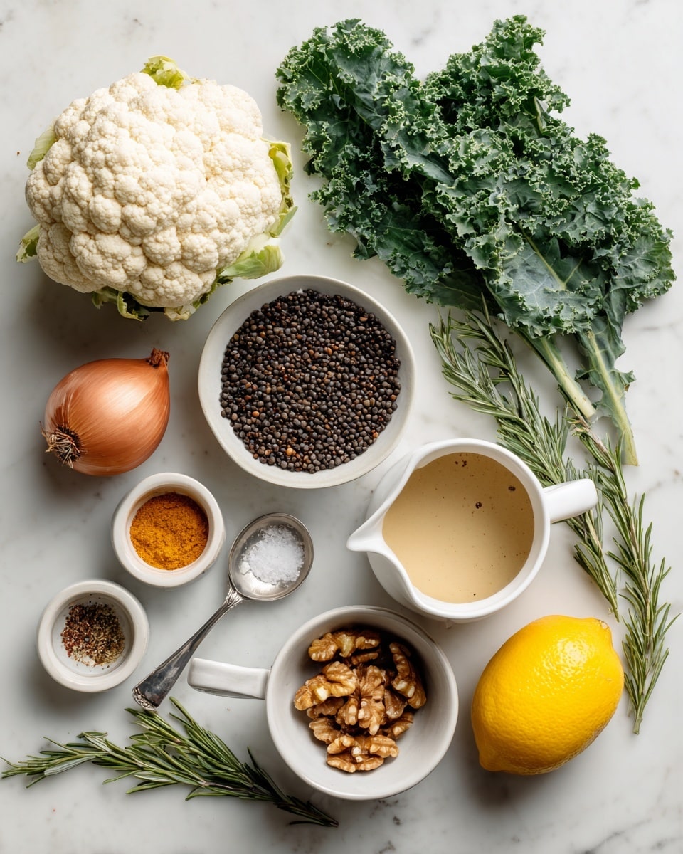 The image shows various fresh ingredients arranged neatly on a white marbled surface. In the center is a whole white cauliflower, next to a yellow butternut squash. Near them is a whole lemon on the right side and a reddish shallot on the bottom left. Above the cauliflower is a white bowl filled with small dark brown black lentils. Below that bowl is another white bowl filled with walnut pieces, and next to it is a small white cup with a light beige tahini sauce. A small silver measuring spoon with salt is placed near the tahini. To the left, there is a bunch of green kale leaves, fresh parsley, and rosemary. Small white bowls hold paprika spice, garlic powder, olive oil, and maple syrup, arranged in the top left area of the image. All items are clearly visible with natural colors and textures on a clean white marbled background. photo taken with an iphone --ar 4:5 --v 7