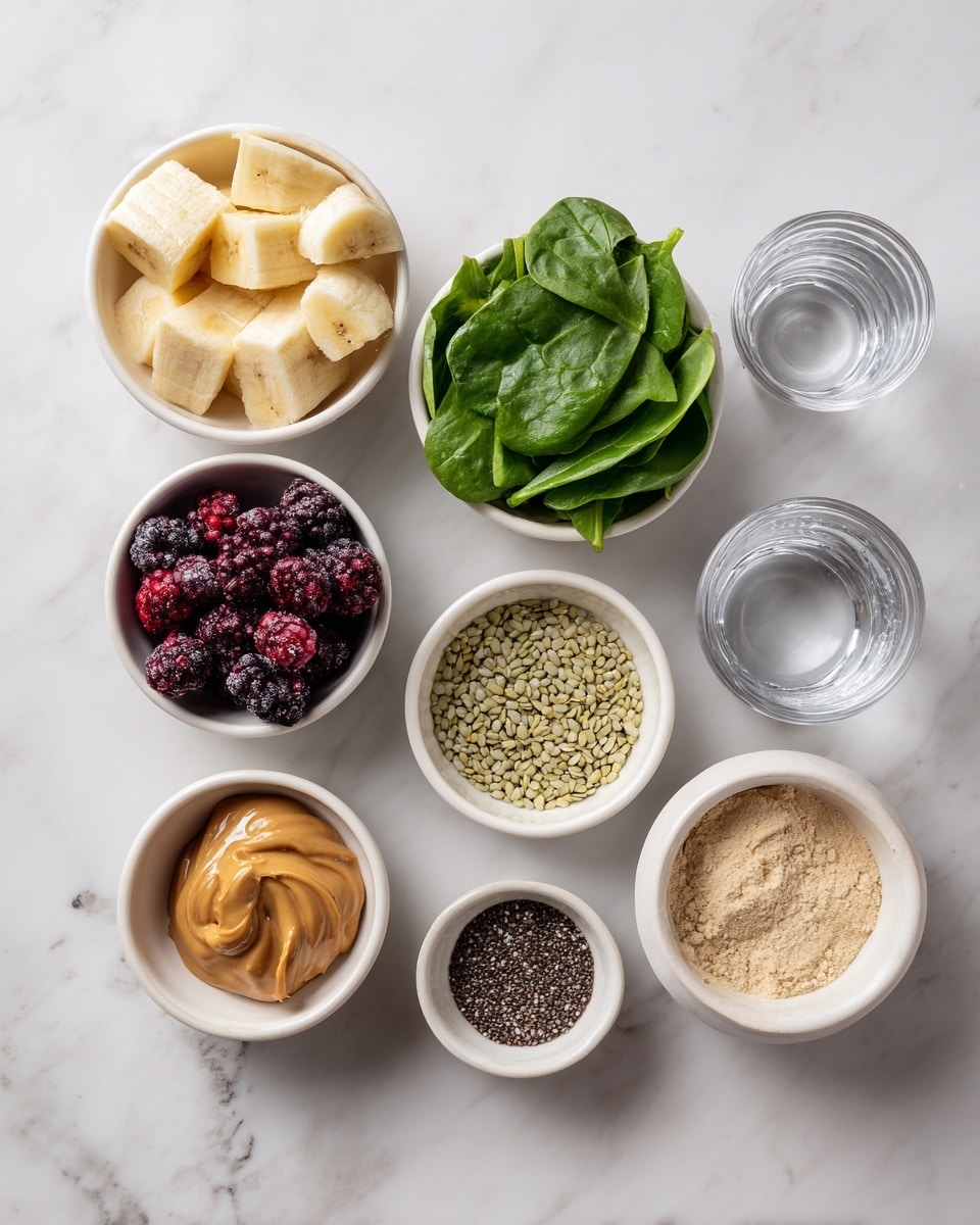 Seven small white bowls are arranged on a white marbled surface, each holding a different ingredient. One bowl contains pale yellow frozen banana pieces with a frosty texture. Another holds bright green fresh spinach leaves, slightly curled and layered randomly. A bowl with dark frozen berry mix shows berries in shades of deep purple, black, and red, with a frosty coating. There is smooth light brown peanut butter in a bowl with a glossy surface. Two small bowls contain tiny seeds: one with off-white and light green hemp hearts, and the other with black and white chia seeds. A bowl of beige protein powder looks dry and crumbly. Next to them is a clear, empty glass with light reflections. The photo looks clean and bright, taken with an iphone --ar 4:5 --v 7