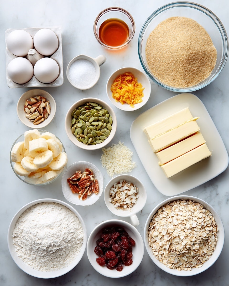 A neatly arranged set of bowls and plates with various baking ingredients on a white marbled surface. On the left are four white eggs in a white egg holder, next to a small white cup with a brown liquid, and a small white bowl with salt. Above these, there is a large clear glass bowl filled with light brown sugar. To the right, there are smaller white bowls: one with green pumpkin seeds, one with a mix of chopped almonds, and another with orange zest. Above these is a bowl filled with banana slices, and next to it, two sticks of pale yellow butter on a white rectangular plate. Below these are small bowls with raisins, red dried fruit, white shredded coconut, sunflower seeds, and a small bowl of baking powder. On the far right is a large clear glass bowl full of oats, and in the middle, two white bowls filled with light and white flour. The layout is clean and visually balanced. photo taken with an iphone --ar 4:5 --v 7