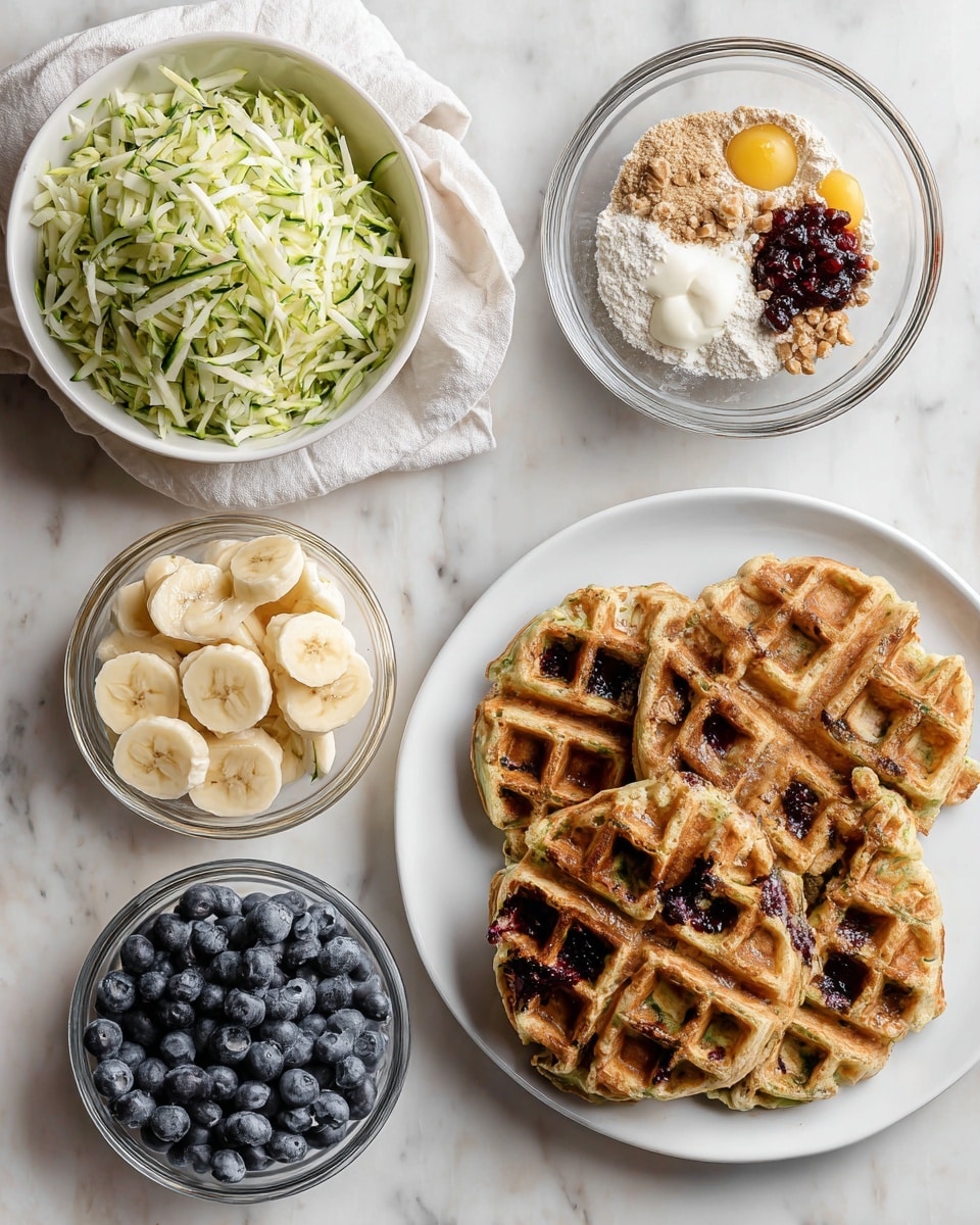 The image shows the process of making waffles with blueberries and bananas in six steps plus the final cooked waffles. First, there is a bowl of shredded zucchini on a white marbled surface. Next, the shredded zucchini is covered with a white cloth. Then, a clear glass bowl contains flour, brown sugar, and cereal mixed together. After that, eggs are added on top of the mixture. Then, sliced bananas and fresh blueberries are added to the bowl. In the last preparation step, the mixture is stirred, showing a batter with small fruit pieces. Finally, four round waffles, golden brown with visible blueberries, sit on a white plate on the white marbled surface. The waffles have a slightly crisp texture with some melted spots. photo taken with an iphone --ar 4:5 --v 7