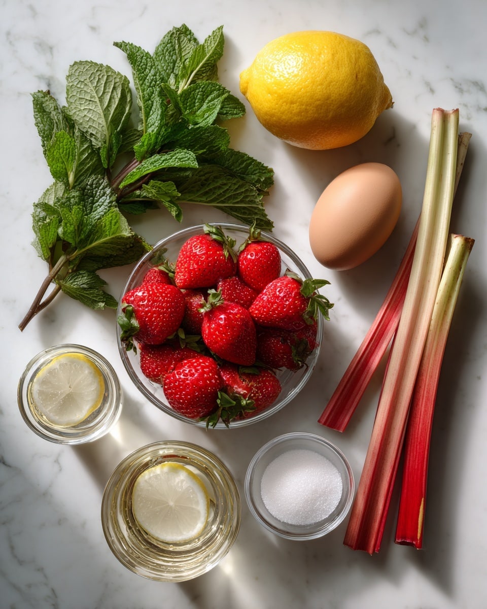 The image shows a clean white marbled surface with a small bunch of fresh mint leaves on the top left, a whole lemon just to the right of the mint, and a single brown egg below the lemon. To the right of the egg are two long stalks of rhubarb with pink and light green colors. In the center of the image is a clear bowl filled with bright red strawberries, some with leaves attached. Below the strawberries and to the left is a small clear glass filled with club soda, and next to it on the right is a small glass bowl containing white sugar. The colors are bright and fresh, and everything is spaced neatly. photo taken with an iphone --ar 4:5 --v 7