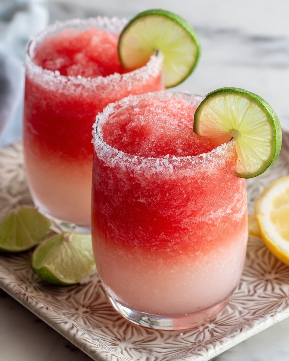 The image shows two clear glasses filled with a layered frozen drink on a decorative tray. The bottom layer is a pale pink slushy texture, topped with a bright red slushy layer. The rims of the glasses have coarse white salt, and each glass is garnished with a green lime wedge placed on the rim. The background is a white marbled surface with part of a lemon wedge visible on the right side. photo taken with an iphone --ar 4:5 --v 7