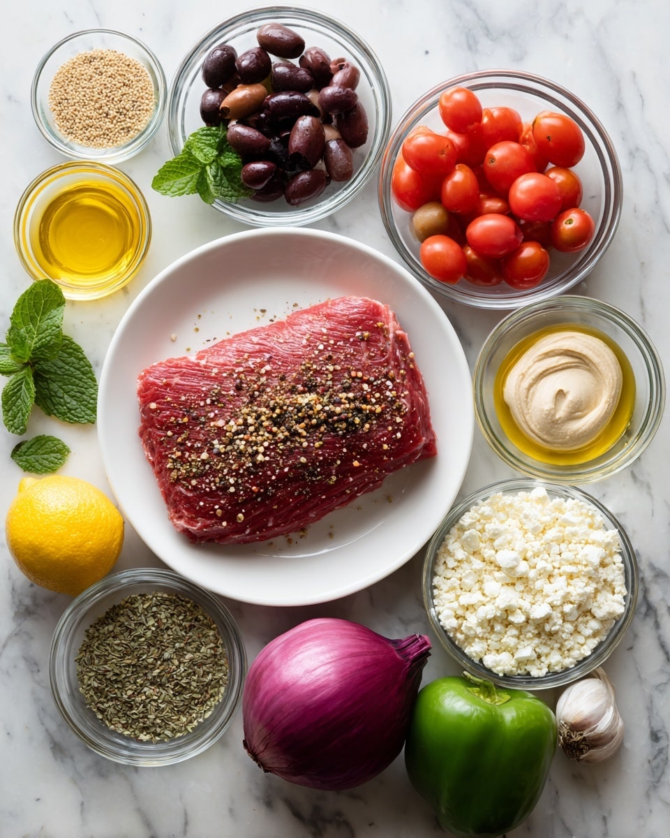 A white plate holds a raw red flank steak sprinkled with ground pepper in the center. Around the steak, there are small clear glass bowls arranged in a circle on a white marbled surface. Each bowl contains different ingredients: bright red cherry tomatoes, dark kalamata olives, pale yellow olive oil, light green fresh mint leaves, creamy beige hummus, white quinoa grains, crumbled white feta cheese, smooth white Greek yogurt, and a small amount of dried oregano in one bowl. Outside the bowls, a whole purple-red onion, a whole green bell pepper, a whole lemon, and a single clove of garlic are placed on the white marbled surface. The colors contrast well with the clean background. photo taken with an iphone --ar 4:5 --v 7