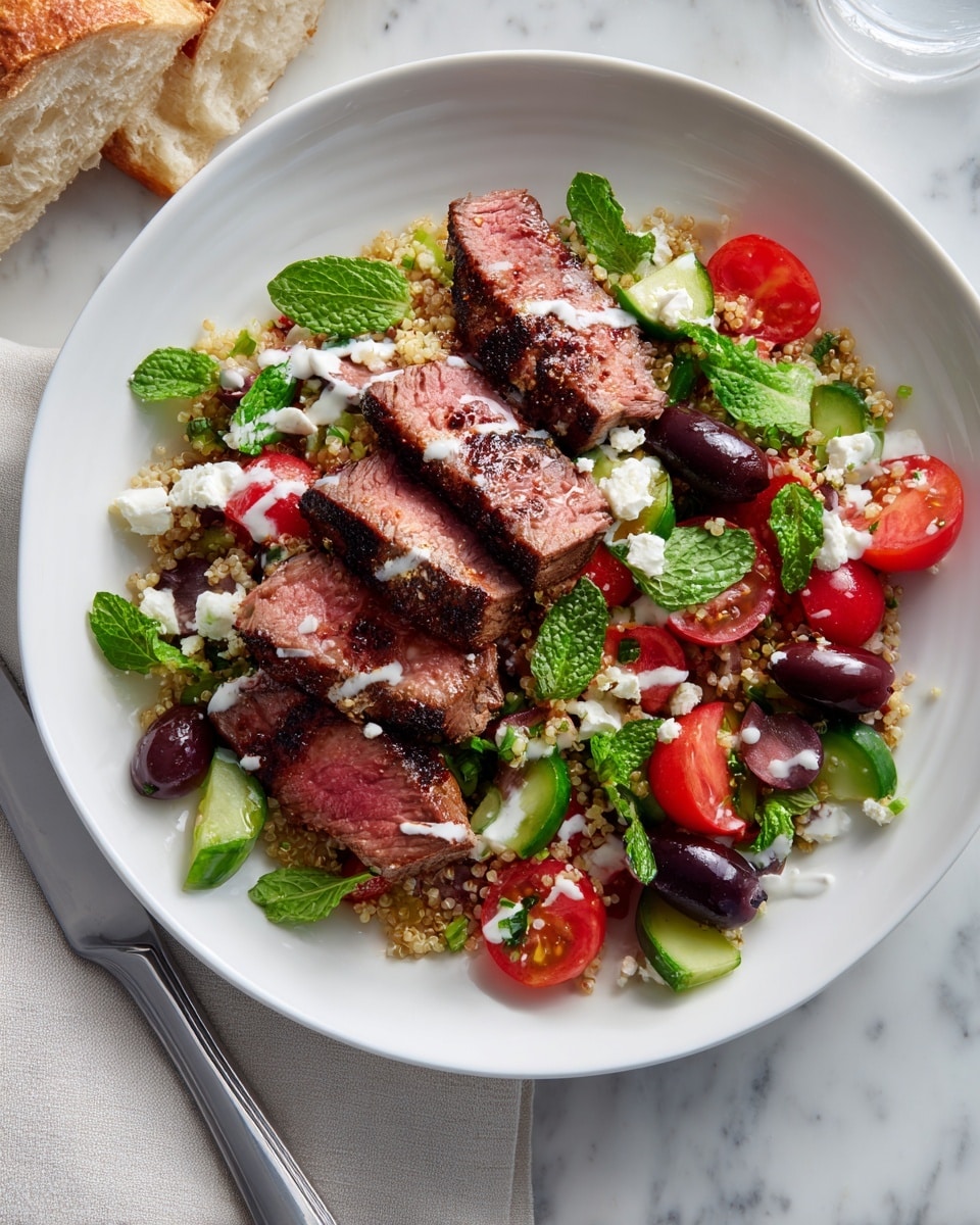 A white plate holds a layered dish starting with a base of light beige cooked quinoa mixed with small pieces of green pepper. Above this is sliced medium-rare steak, showing pink centers and a browned outer layer with light sear marks. To the right, there is a fresh salad of halved bright red cherry tomatoes, dark purple olives, and chopped green pepper. Crumbled white cheese is scattered over the steak and salad, with fresh green mint leaves spread on top. A white creamy dressing is drizzled over the entire dish, adding contrast to the vibrant colors. The plate is set on a white marbled surface with a piece of white bread and a knife visible nearby. Photo taken with an iphone --ar 4:5 --v 7