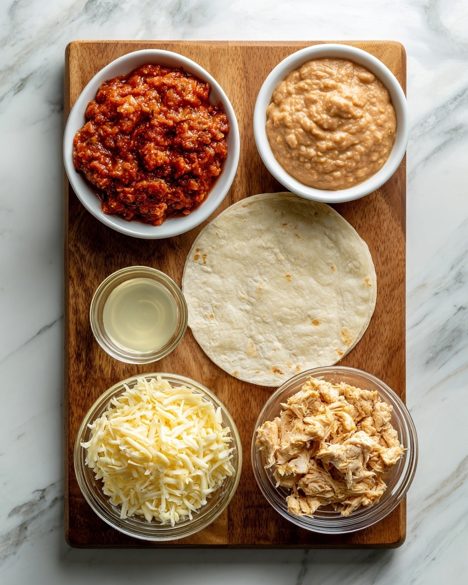 The image shows a wooden cutting board placed on a white marbled surface. On the board, there are five containers and one tortilla. At the top left, a white bowl holds chunky red salsa with visible bits of tomato and herbs. To the right of the salsa, another white bowl contains smooth, light brown refried beans with a slightly rough texture. Below the salsa, a small clear glass bowl contains a pale liquid, possibly oil or water. To the left of the clear bowl, there is a white bowl filled with shredded cheese in yellow and white colors. Below these, a soft, round beige tortilla sits flat on the board. Lastly, on the bottom right of the board is a clear glass bowl filled with chopped light cooked chicken pieces. photo taken with an iphone --ar 4:5 --v 7