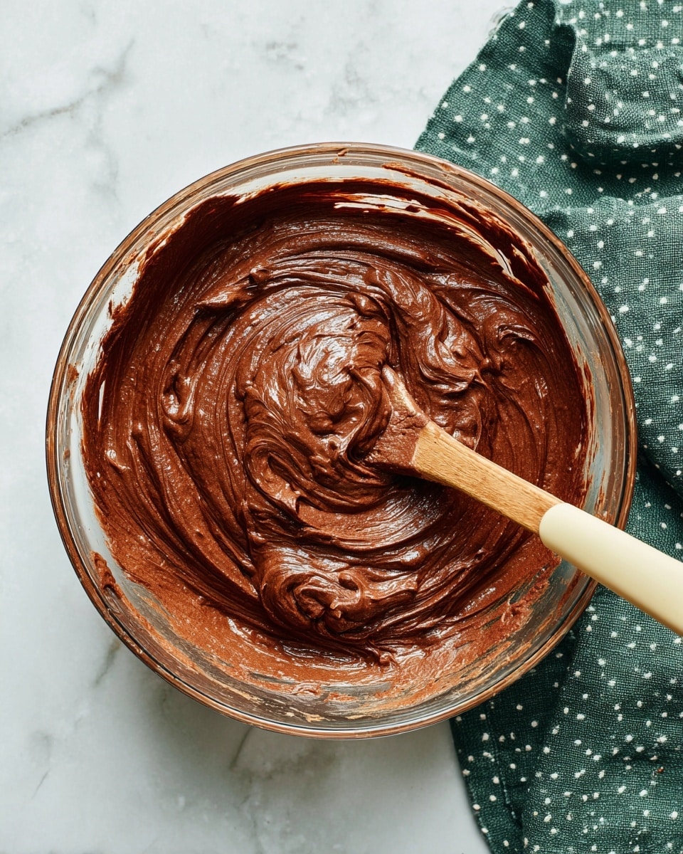 A clear glass bowl filled with a smooth, thick chocolate batter with some small lumps is centered on a white marbled surface. A wooden spoon with a cream-colored handle is resting inside the bowl, partially covered in the rich brown batter. To the right side of the bowl, there is a dark green cloth with small white dotted patterns subtly placed. The batter has a shiny texture with swirls from stirring, and some batter is smeared around the inner sides of the bowl. photo taken with an iphone --ar 4:5 --v 7