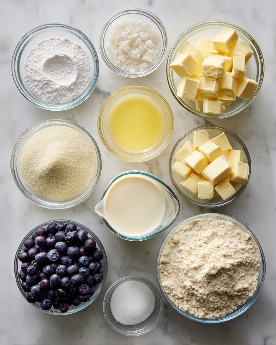 The image shows twelve glass bowls and a measuring cup arranged neatly on a white marbled surface, each containing different ingredients. The largest bowl at the bottom right holds light beige flour with a soft, powdery texture. Next to it, the clear glass measuring cup is filled with creamy buttermilk, pale off-white in color. Above the flour is a bowl of yellow butter cut into chunky cubes. To the left of the butter, a small bowl holds loose white sugar crystals, while above that is a bowl of melted butter with a shiny golden-yellow liquid. On the top row, from left to right, there is a bowl filled with bright white powdered sugar with a fine, soft texture, a small bowl of pale yellow lemon juice, a tiny bowl of white fine salt, and another bowl filled with white baking powder. On the left side, a bowl overflows with dark blue-purple blueberries with a slightly shiny, round surface. All bowls are transparent and placed on a clean white marbled counter. Photo taken with an iphone --ar 4:5 --v 7